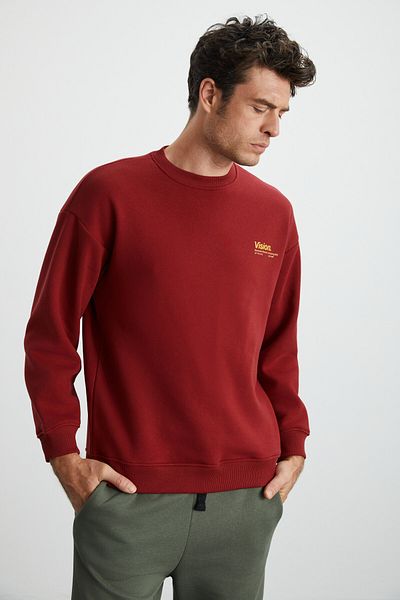 GRIMELANGE Ανδρικό φούτερ Ernest Soft Fleece Inside Print Λεπτομερές από οργανικό βαμβάκι Oversize Claret Red φούτερ
