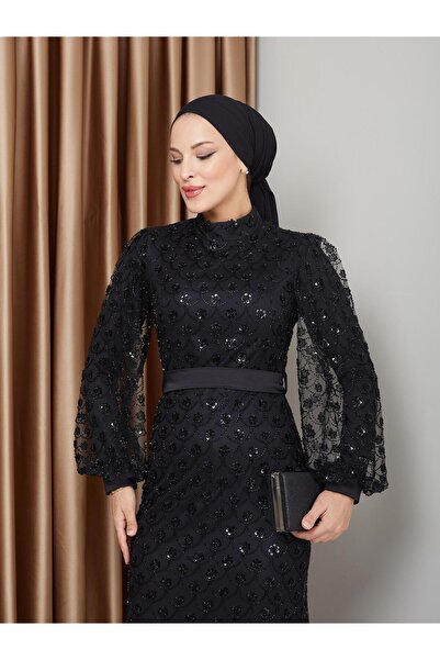 Olcay Černé večerní šaty z hidžábu s detaily z flitrů a korálků - pas 1229