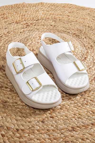 Mc vay Shoes Lisa White Skin Orthopedic Sole Rubber Support Double Buckle Wedge Heel Stylish Women's Sandals