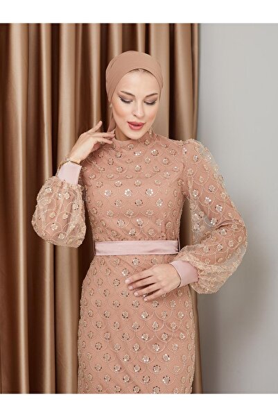 Olcay Večerní šaty s flitry a korálky s hidžábem - Kamel 1229