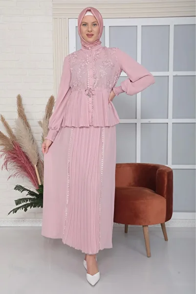 lodmela Pleated Double Chiffon Set with Tie Detail 116-Powder