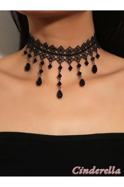 Cinderella Siyah Kristal Taşlı Çiçekli Dantel Kolye - Chokers Vintage Stil Kadın Gotik Kolye