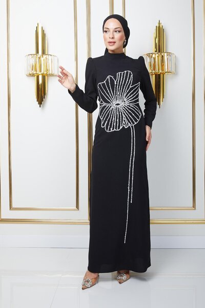 Olcay Černé večerní šaty z krepového hidžábu s motivem kamene a flitry - 1672