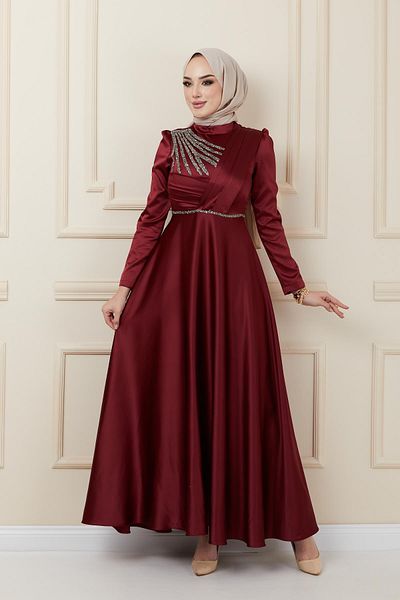 Olcay Rochie de seara din satin cu pliuri si margele pe fata Rosu Claret 1624