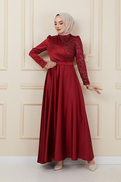 Olcay Satin Abendkleid mit Schwungrad und Paillettendetail BORDO 1626