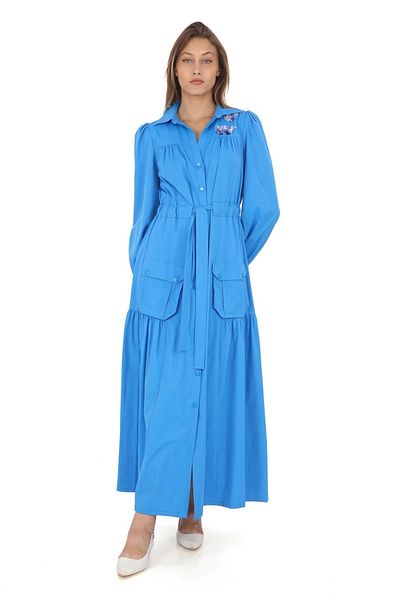 lodmela Rochie albastră din bumbac - flori pe umăr, detaliu cravată, snap 2709