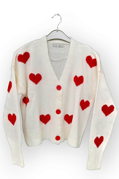 KYLE XM Ζακέτα πλεκτό εκρού κόκκινο καρδιά