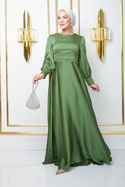 Olcay Ανοιχτό πράσινο βραδινό φόρεμα με πιέτα και λεπτομέρεια φύλλου 1595