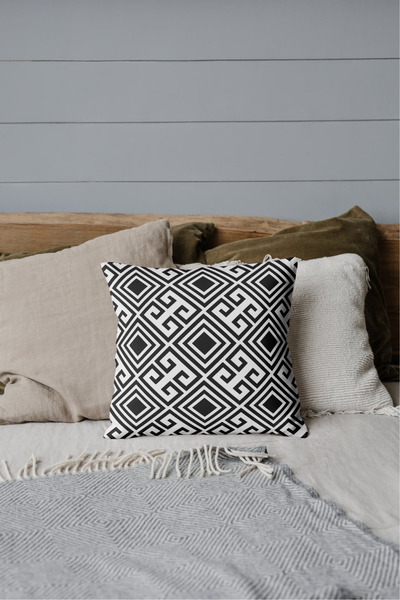 ATHIRA Siyah-Beyaz Geometrik Desenli Dijital Baskı Rachel Kumaş 45x45 Kırlent Kılıfı