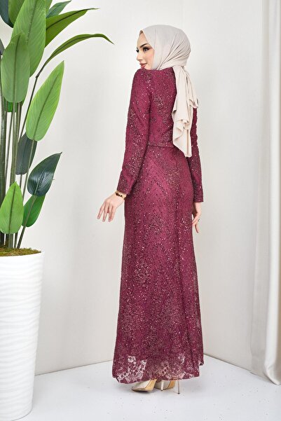 Olcay Csillogó és flitter borsó hidzsáb estélyi ruha Claret Red 1644