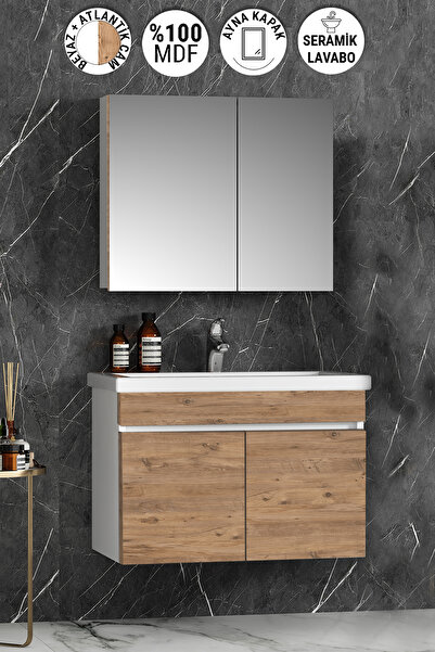 ÖZCEDEN Çiğdem 80 cm Beyaz-Atlantik Çam MDF Seramik Lavabolu Asma Banyo Dolab...