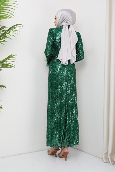 Olcay Βραδινό φόρεμα από τούλι με πούπουλα μανίκι ΠΡΑΣΙΝΟ 1207