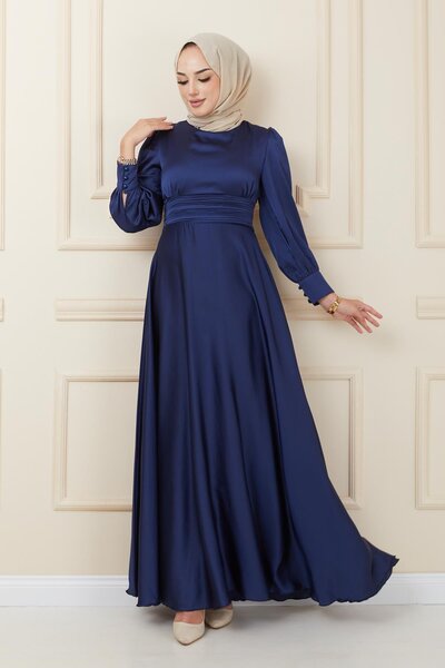 Olcay Večerní šaty s detailním záhybem v pase s páskem NAVY BLUE 1595