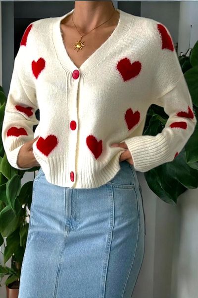 KYLE XM Ecru Red Heart Knitwear Cardigan