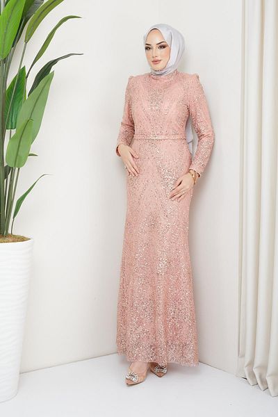 Olcay Rochie de seară Hijab cu sclipici și paiete SALMON 1644