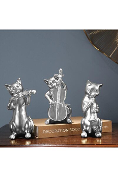 SUME Dekoratif Üçlü Müzisyen Kedi Biblo Masa Süsü Ev Dekor