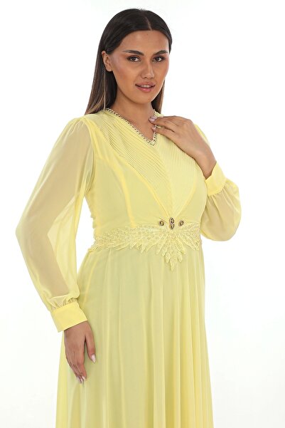 lodmela Plus Size Dress with Pleat and Bead Detail 2213- Yellow