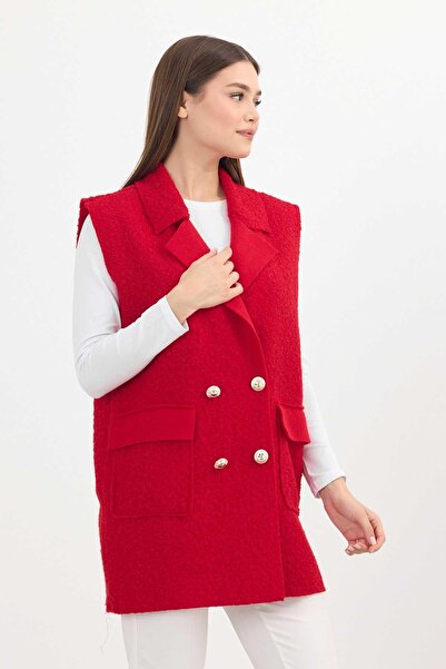 Rays 3016A  Düğme Detay Buklet Yelek Kırmızı