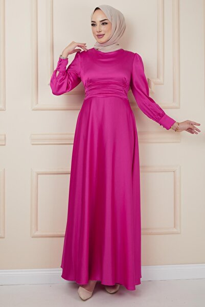 Olcay Βραδινό φόρεμα με πλισέ με λεπτομέρεια ζωνών φούξια 1595