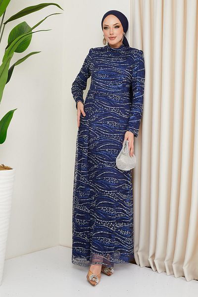 Olcay Hijab-Abendkleid aus Tüll mit Stein- und Pailletten-Erbsenmuster, DUNKELBLAU 1209