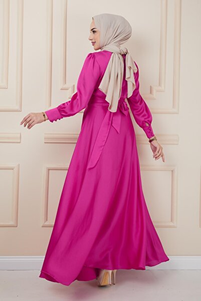 Olcay Βραδινό φόρεμα με πλισέ με λεπτομέρεια ζωνών φούξια 1595