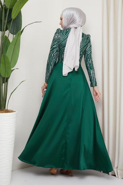 Olcay Tylové a saténové večerní šaty zdobené drahokamy s detailem záhybu na přední straně ZELENÁ 1665