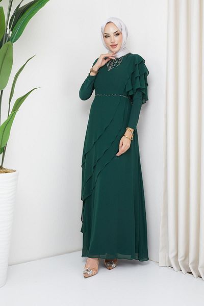 Olcay Perlen- und Schwungrad-detailliertes Chiffon-Hijab-Abendkleid GRÜN 1652