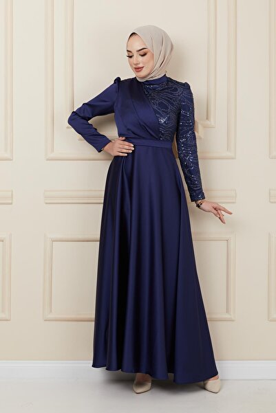 Olcay Saténové večerní šaty se setrvačníkem a detailem flitrů, NAVY BLUE 1626