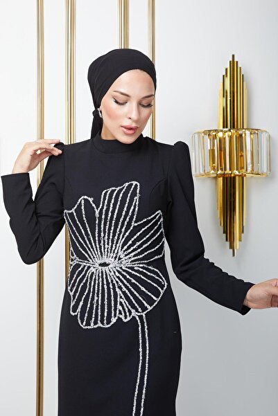 Olcay Černé večerní šaty z krepového hidžábu s motivem kamene a flitry - 1672