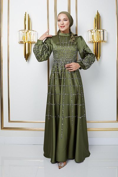 Olcay Rochie de seară musulmană din satin verde deschis - Detaliu cu piatră și paiete, Flared Fit 1675