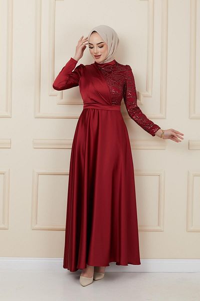 Olcay Satin Abendkleid mit Schwungrad und Paillettendetail BORDO 1626