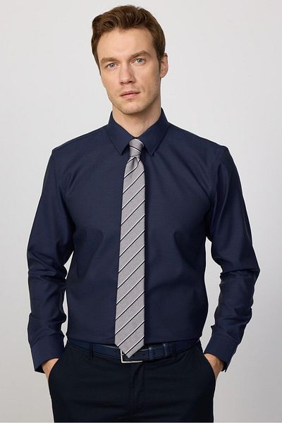 Tudors Navy Blue Slim Fit Ecoteks - 100% βαμβάκι, πιστοποιημένο πουκάμισο χωρίς σιδέρωμα