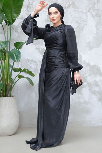 Neva Style Black Hijab Evening Dress with Tail Detail 48491S