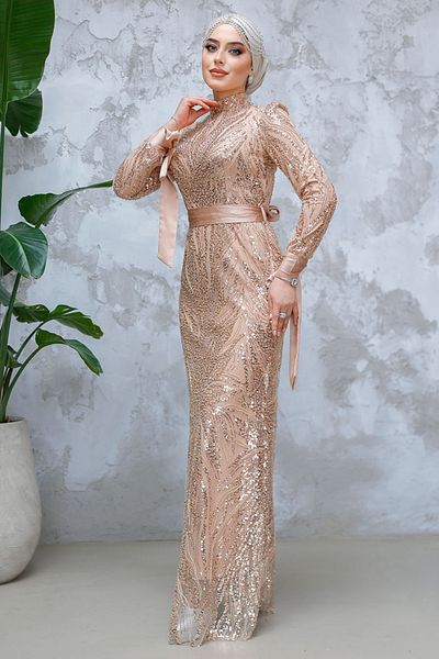 Neva Style Beading Embroidered Salmon Hijab Evening Dress 47631Smn