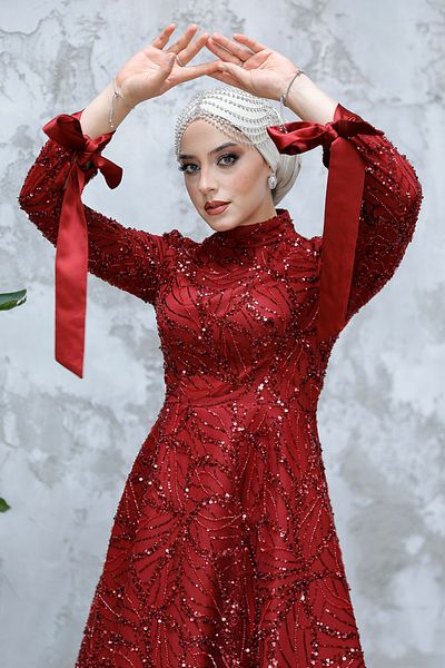 Neva Style Sequin Bead Embroidered Burgundy Hijab Evening Dress 4908Br