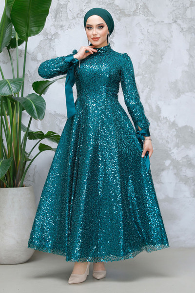 Neva Style - Rochie de seară hijab verde smarald brodat cu paiete 4713zy