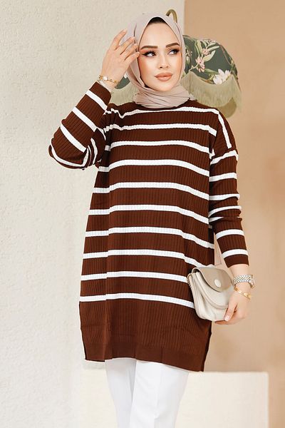 Neva Style سترة تريكو مخططة باللون البني 54151KH