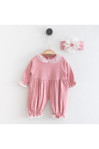 Minimus Baby Newborn Baby Girl Hospital Exit Cotton Lace Collar Baggy Cut Baby Jumpsuit with Snap Fasteners from the Bottom