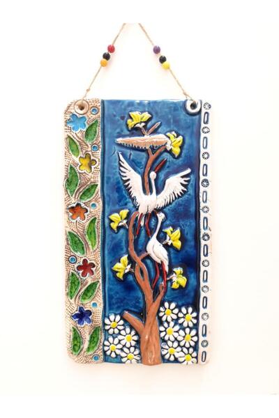 SUME Seramik Leylek Ve Çiçek Figürlü El Işi Duvar Süsü Büyük Boy Nazarlık