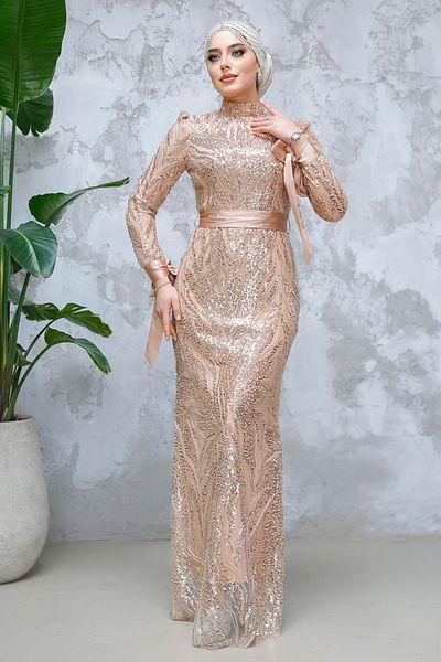 Neva Style Beading Embroidered Salmon Hijab Evening Dress 47631Smn