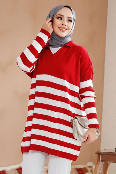 Neva Style Pulover tunică din tricotaje hijab cu dungi roșii - 53401K
