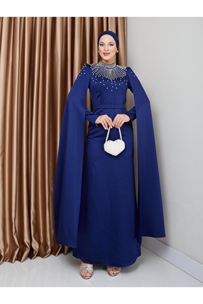 Olcay Rochie de seară hijab din satin - Detaliu piatră și pelerină, ALBASTRU ...