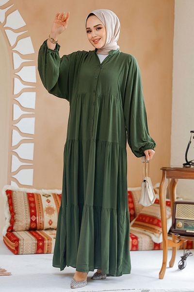Neva Style فستان حجاب كاكي مطوي بطيات 20612HK