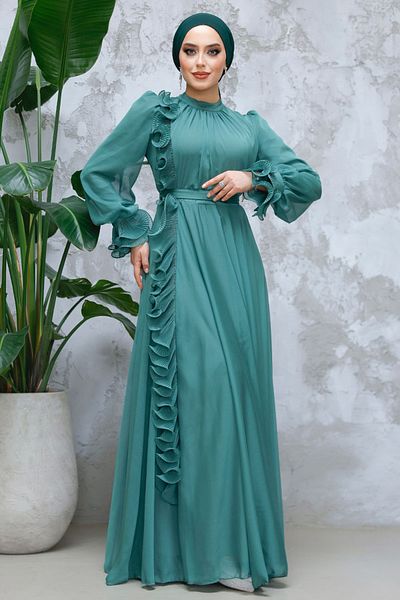 Neva Style Rochie de seara cu hijab - Rochie de seara verde hijab cu detaliu cu volane 48571y