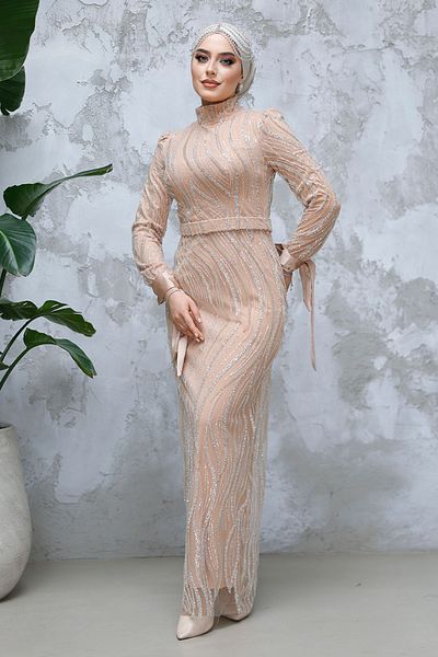 Neva Style - Sequin Beading Embroidered Salmon Hijab Evening Dress 4764Smn