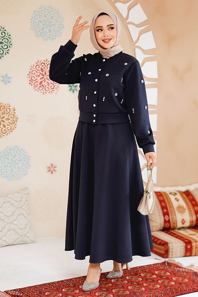 Neva Style Διακοσμημένη με χάντρες Navy Blue Hijab Φούστα Διπλό Σετ 1277L