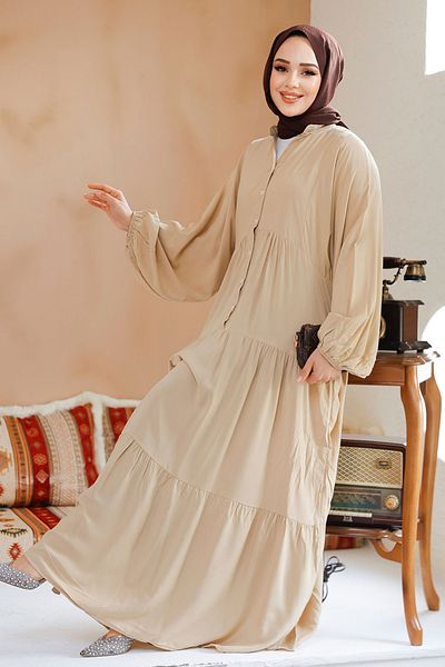 Neva Style Rochie plisată Hijab Bej - 20612BEIG