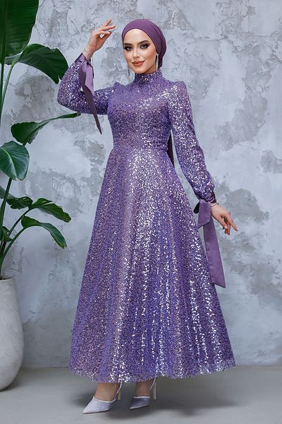 Neva Style Rochie de seara cu hijab - Rochie de seara musulmana liliac brodata cu paiete 4713lila