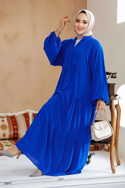 Neva Style Layered Pleated Sax Blue Hijab Dress 20612Sx