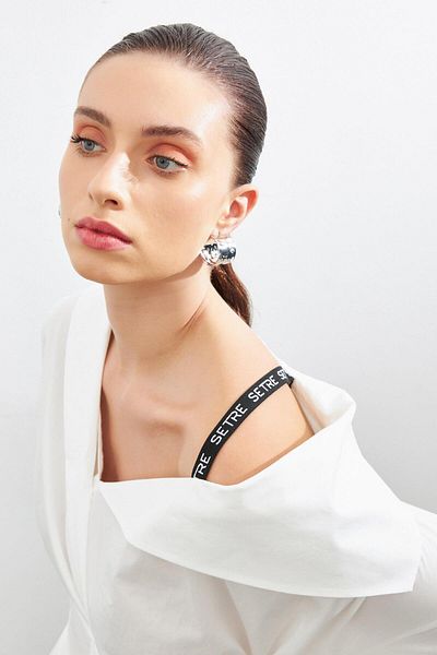 Setre Ecru Single Off-the-Shoulder Asymmetrical Structured Long Sleeve Shirt with Tie-Up Detail on the Waist